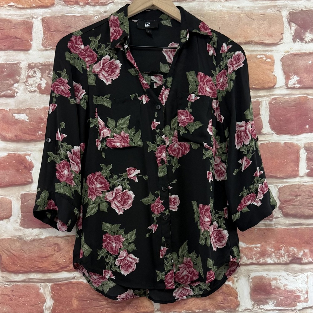 Vintage Amy Byer IZ Top Womens XS Black Multicolor Garden Floral Button Up Shirt